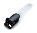 Black badge clip with a clear plastic strap