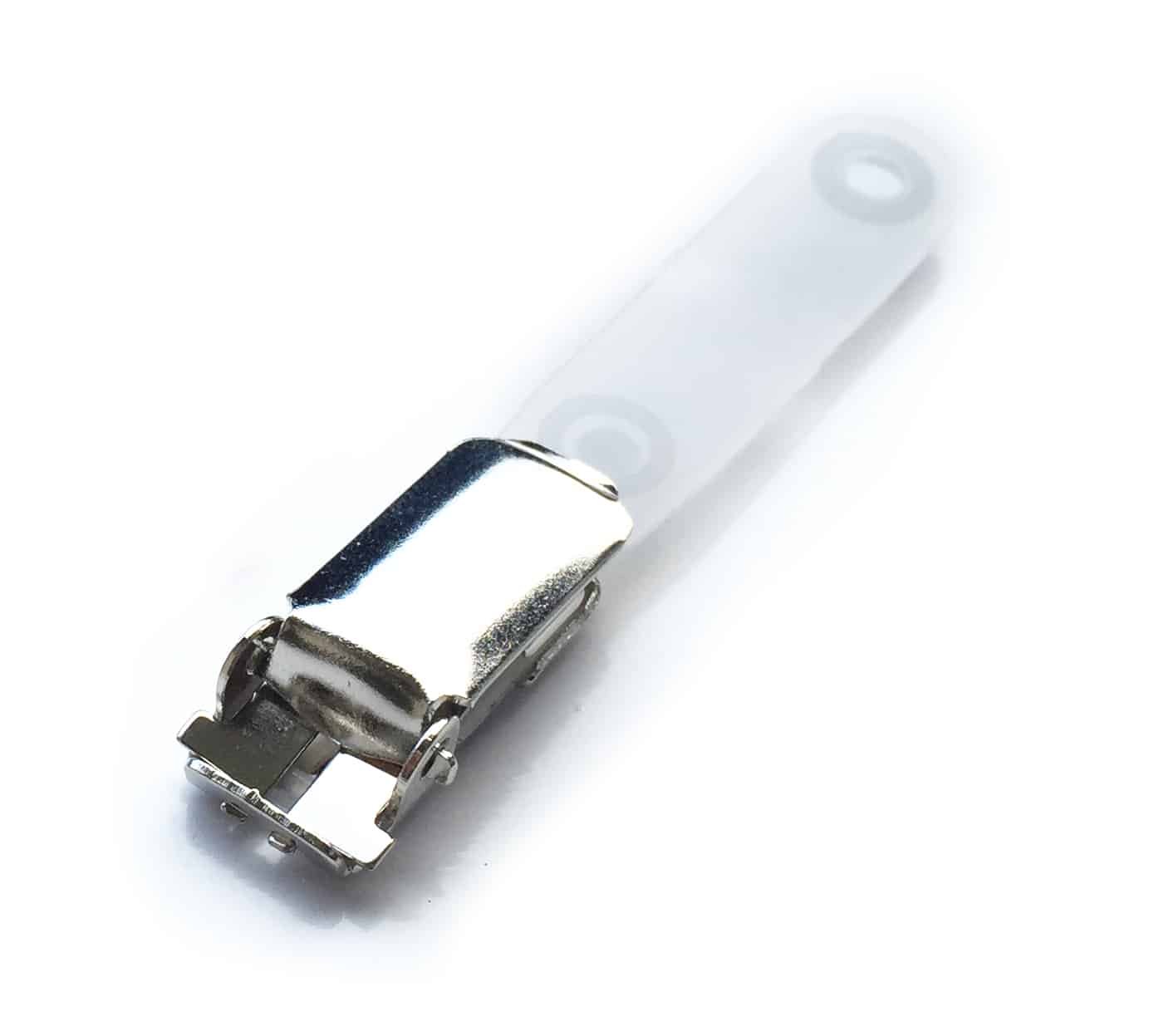 Metal ID strap clips with clear attachment straps