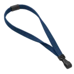 Dark Blue plain lanyard with black plastic J clip and neck breakaway, shown in an open loop