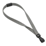 Grey plain lanyard with black plastic J clip and neck breakaway, shown in an open loop