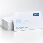 HID iCLASS card with blue branding beside a stack of white cards