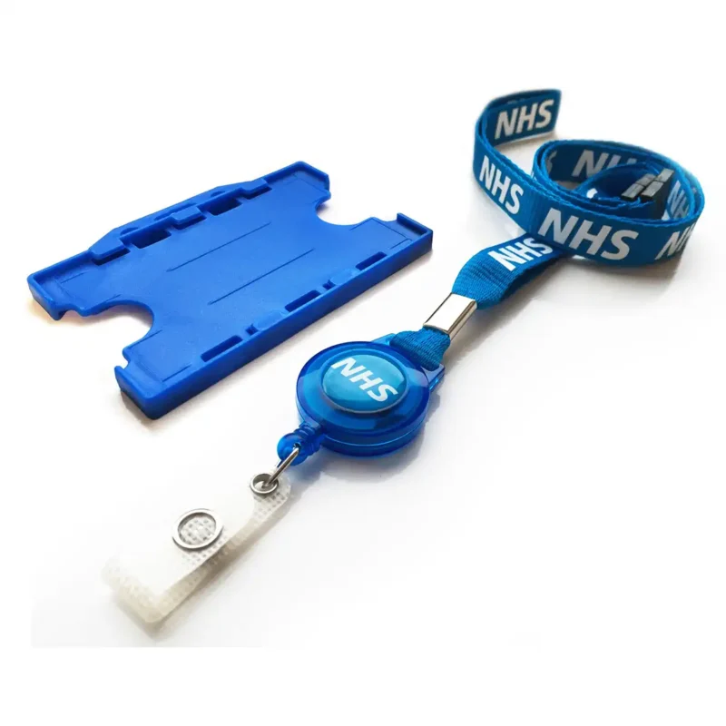 NHS Layard with attached badge reel and blue double sided id card holder 1 NHS Layard with attached badge reel and blue double sided id card holder 1