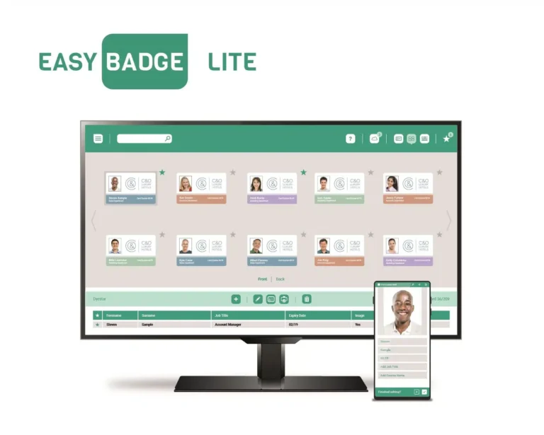 EasyBadge Lite software shown on a desktop monitor and phone