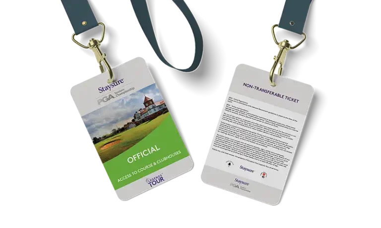 Event card printing example showing the front and reverse of a lanyard-mounted pass