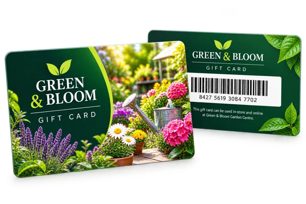 Printed gift card front and reverse with a barcode and redemption information