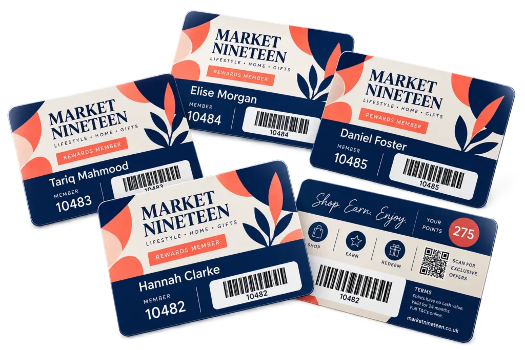 Personalised loyalty card examples with customer names, unique numbers and barcodes