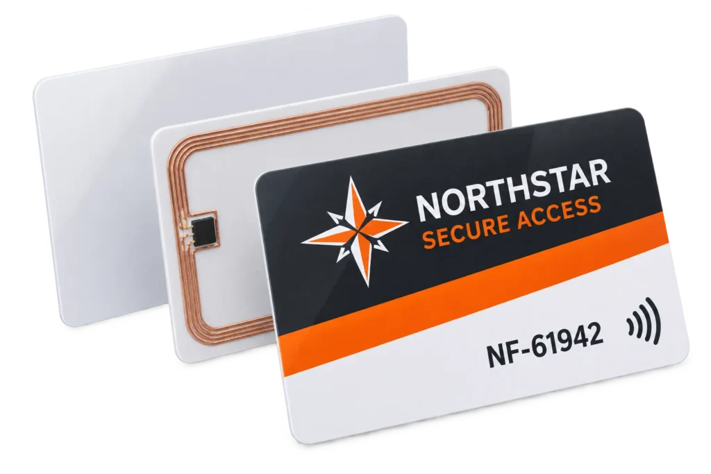 RFID card printing illustration showing a branded access card and internal chip and antenna