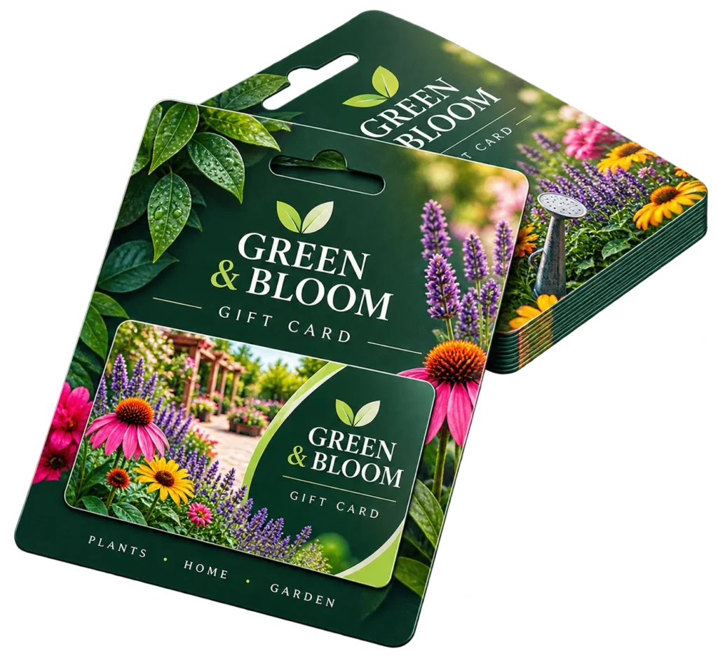 Printed gift card mounted on a matching branded display carrier