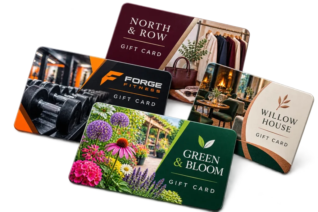 Custom printed gift card design examples for retail, hospitality and leisure brands