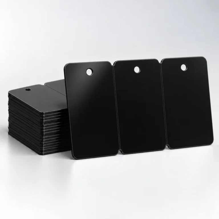 Black blank three-tag PVC cards with rounded shoulders and one punched hole in each tag