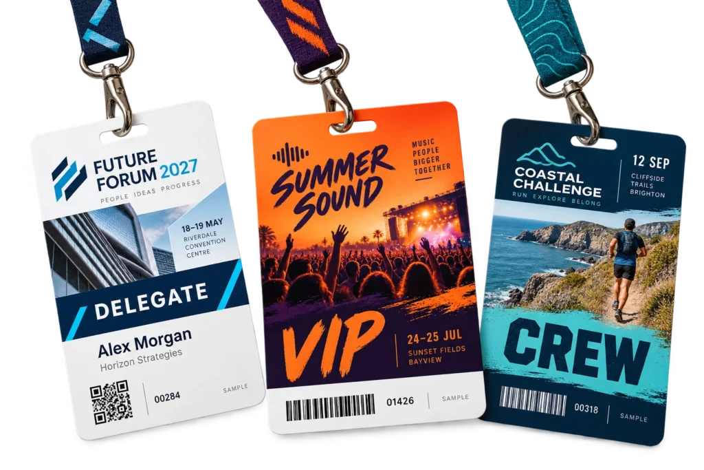 Illustrative event passes for a conference delegate, music festival VIP and sports crew member