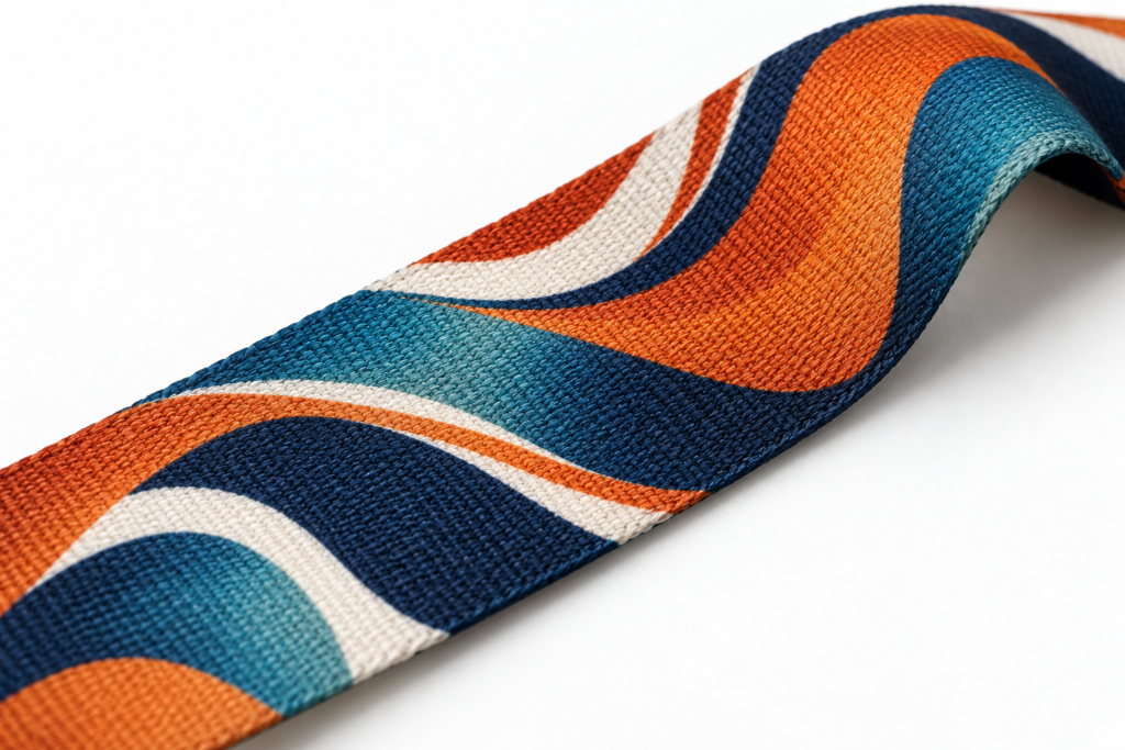 Original ACB visualisation of full-colour orange, teal and navy artwork printed on woven lanyard fabric
