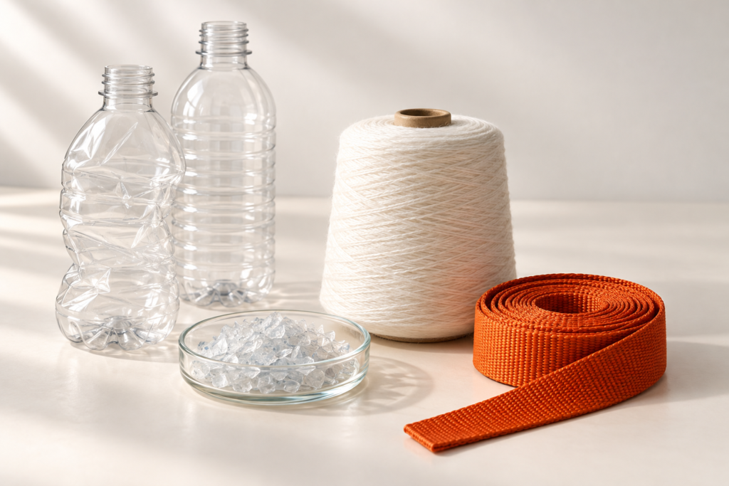 Original ACB material visualisation showing clear plastic bottles, plastic flakes, yarn and orange woven webbing