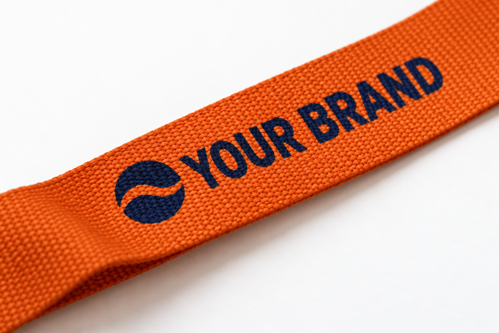 Original ACB visualisation of a single-colour navy logo and YOUR BRAND lettering on orange woven lanyard fabric