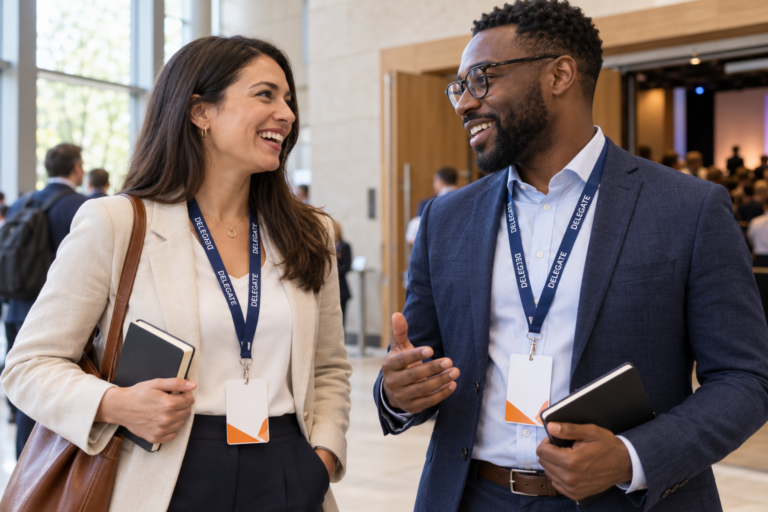 Illustrative conference scene with delegates wearing navy printed lanyards