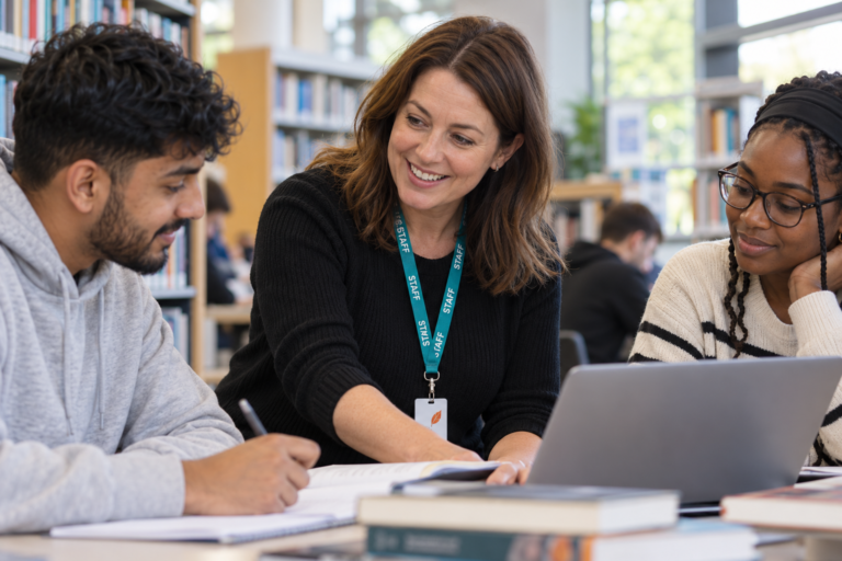 Illustrative education scene with an adult tutor wearing a teal staff lanyard