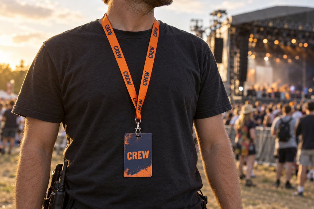 Illustrative festival scene with an event crew member wearing an orange lanyard and crew pass