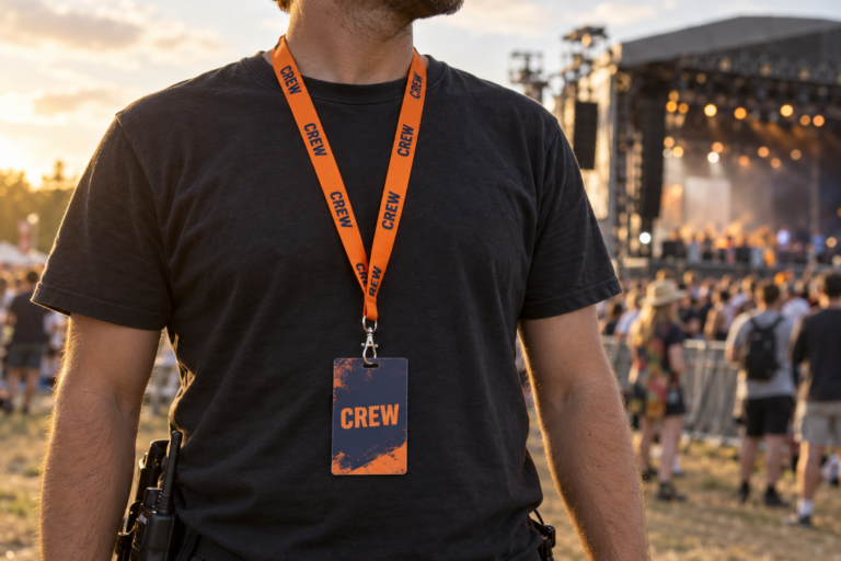 Illustrative festival scene with an event crew member wearing an orange lanyard and crew pass
