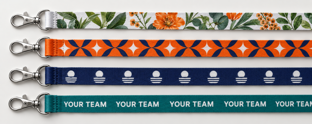 Original ACB lanyard design visualisation showing photographic images, geometric patterns, a logo symbol and YOUR TEAM text