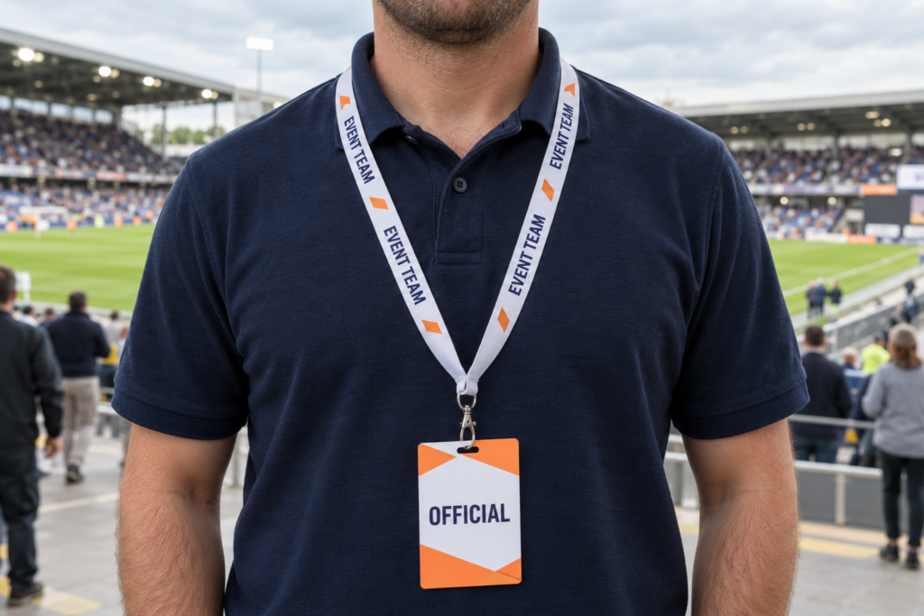 Illustrative sporting-event scene with an official wearing a white printed lanyard and pass