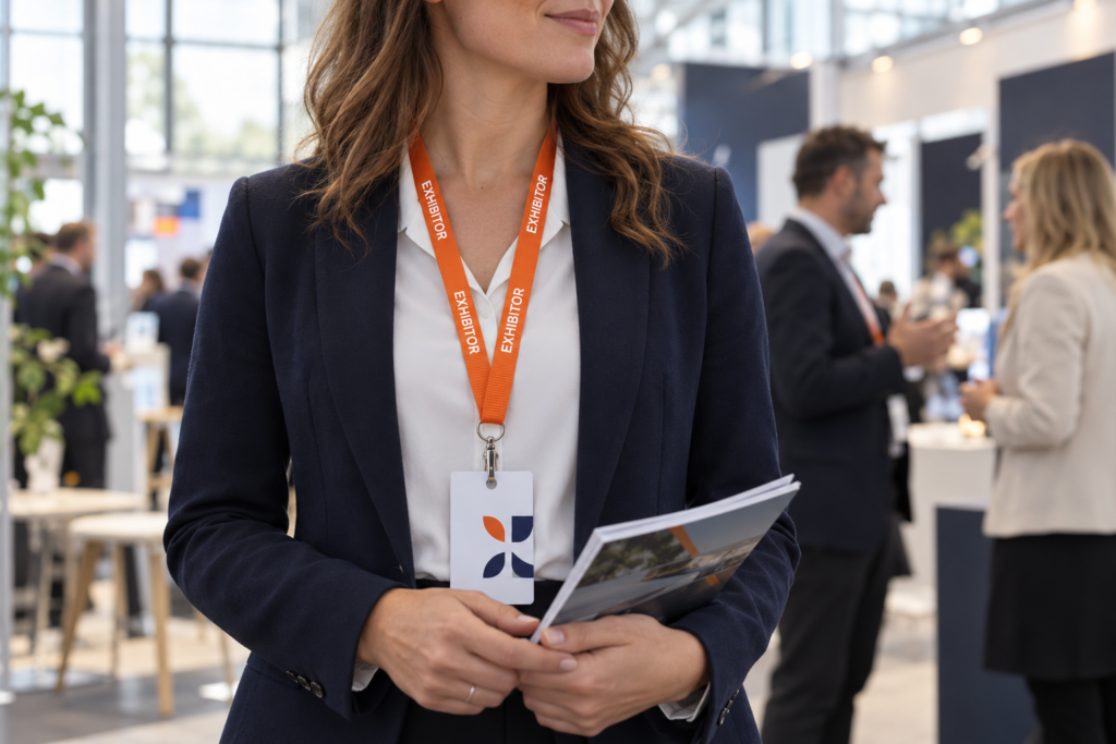 Illustrative trade-show scene with an exhibitor wearing an orange printed lanyard