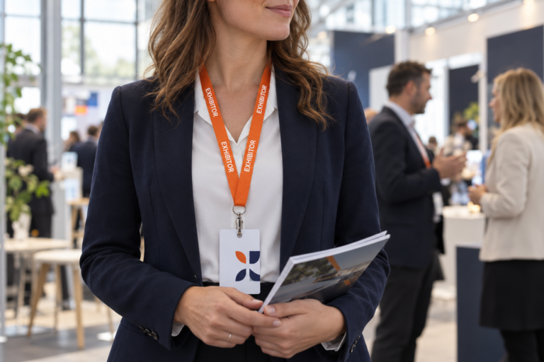 Illustrative trade-show scene with an exhibitor wearing an orange printed lanyard