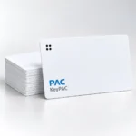 Comelit-PAC KeyPAC ISO Cards with a matching card stack on a light grey background