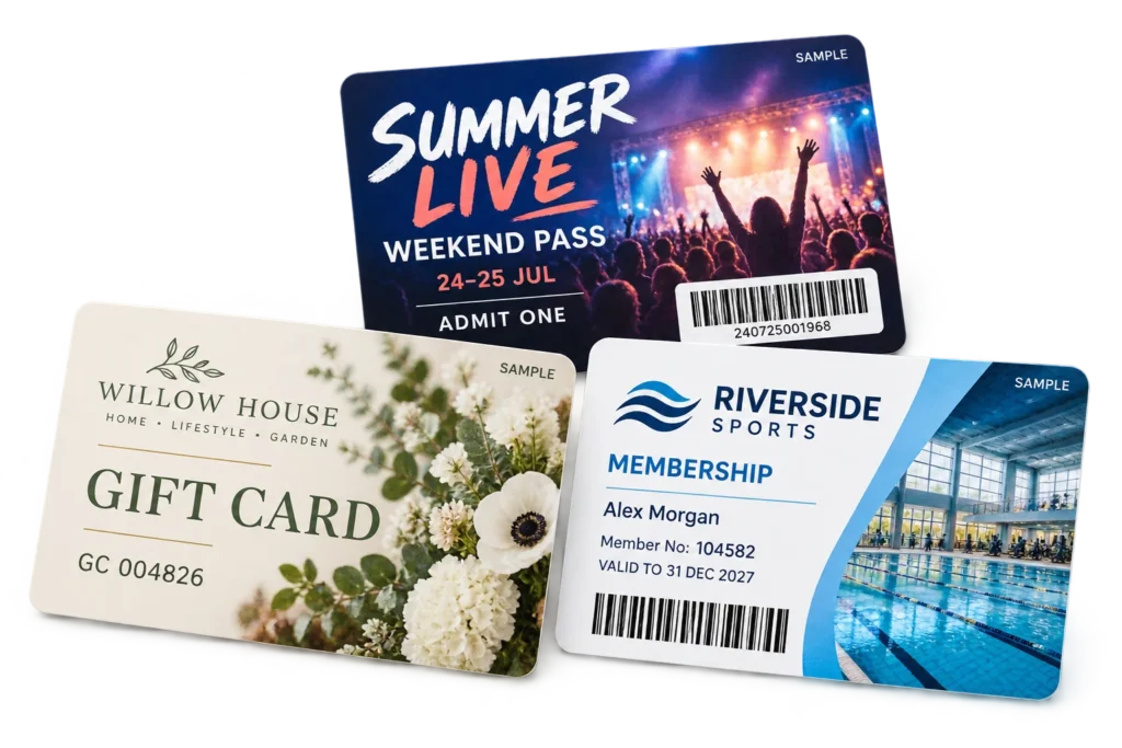 Sample printed gift card, event pass and sports membership card designs Sample printed gift card, event pass and sports membership card designs
