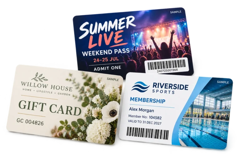 Sample printed gift card, event pass and sports membership card designs