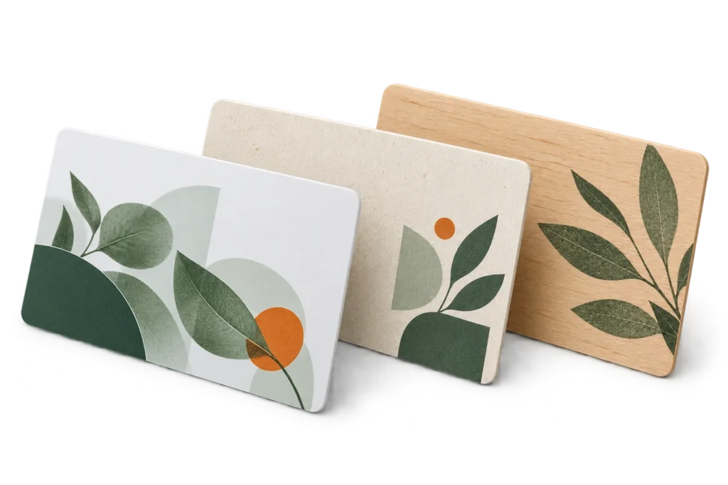 Illustrative recycled PVC, board and wood card designs Illustrative recycled PVC, board and wood card designs