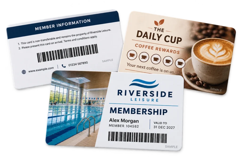 Sample leisure membership and coffee loyalty cards with printed member details Sample leisure membership and coffee loyalty cards with printed member details