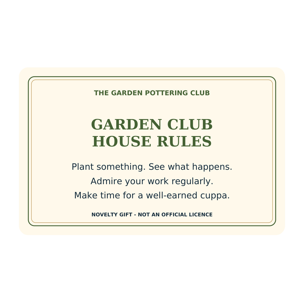 garden potterer licence card reverse printed wording
