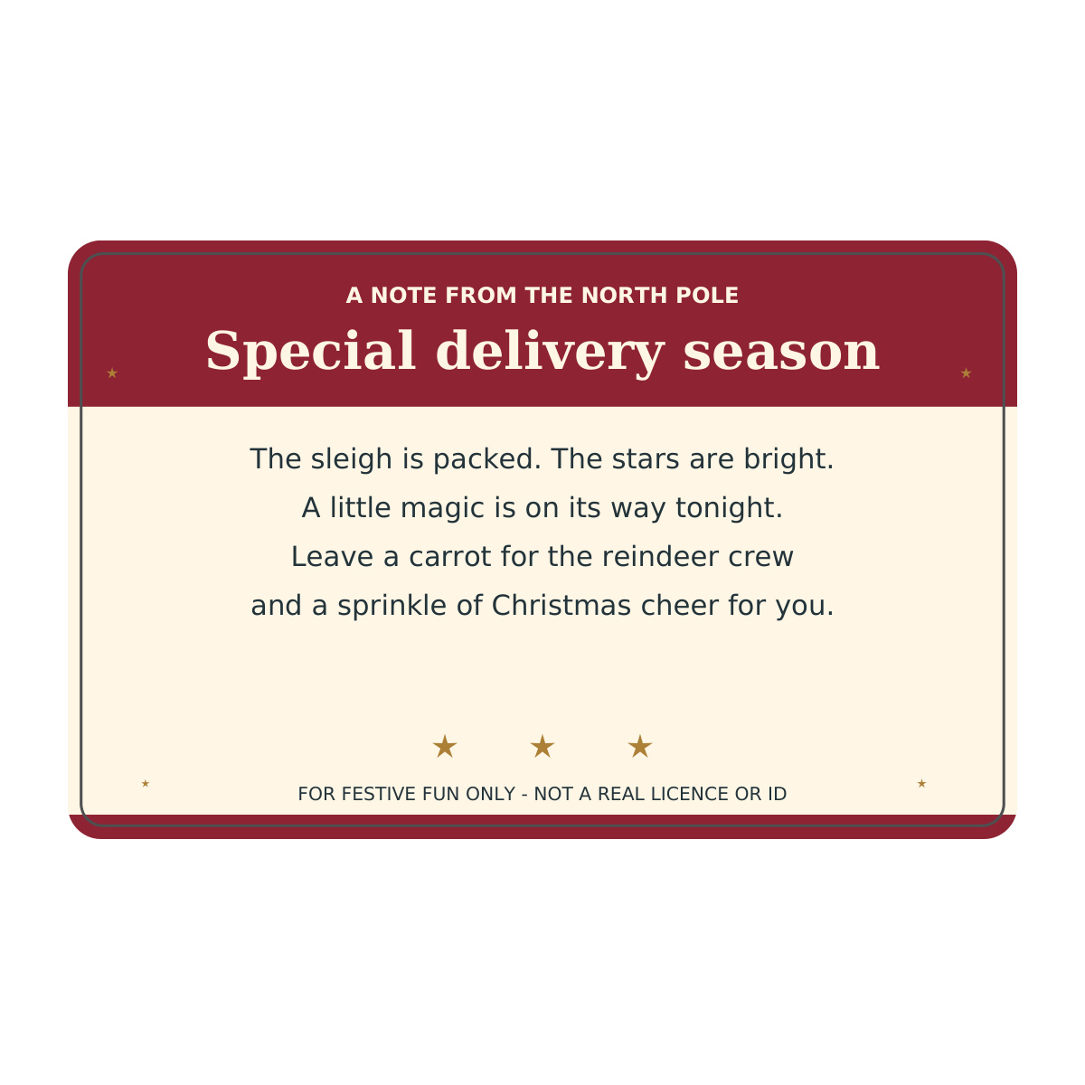 santa sleigh licence reverse design with original festive message
