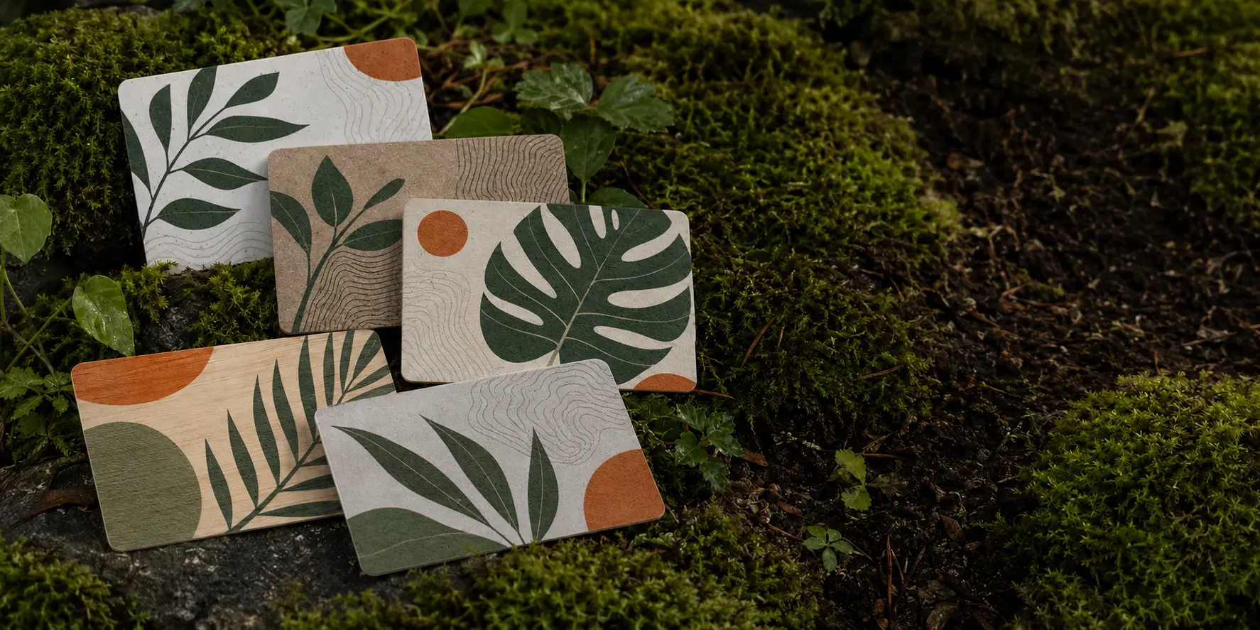 Professionally designed eco cards photographed with moss, leaves and natural earth