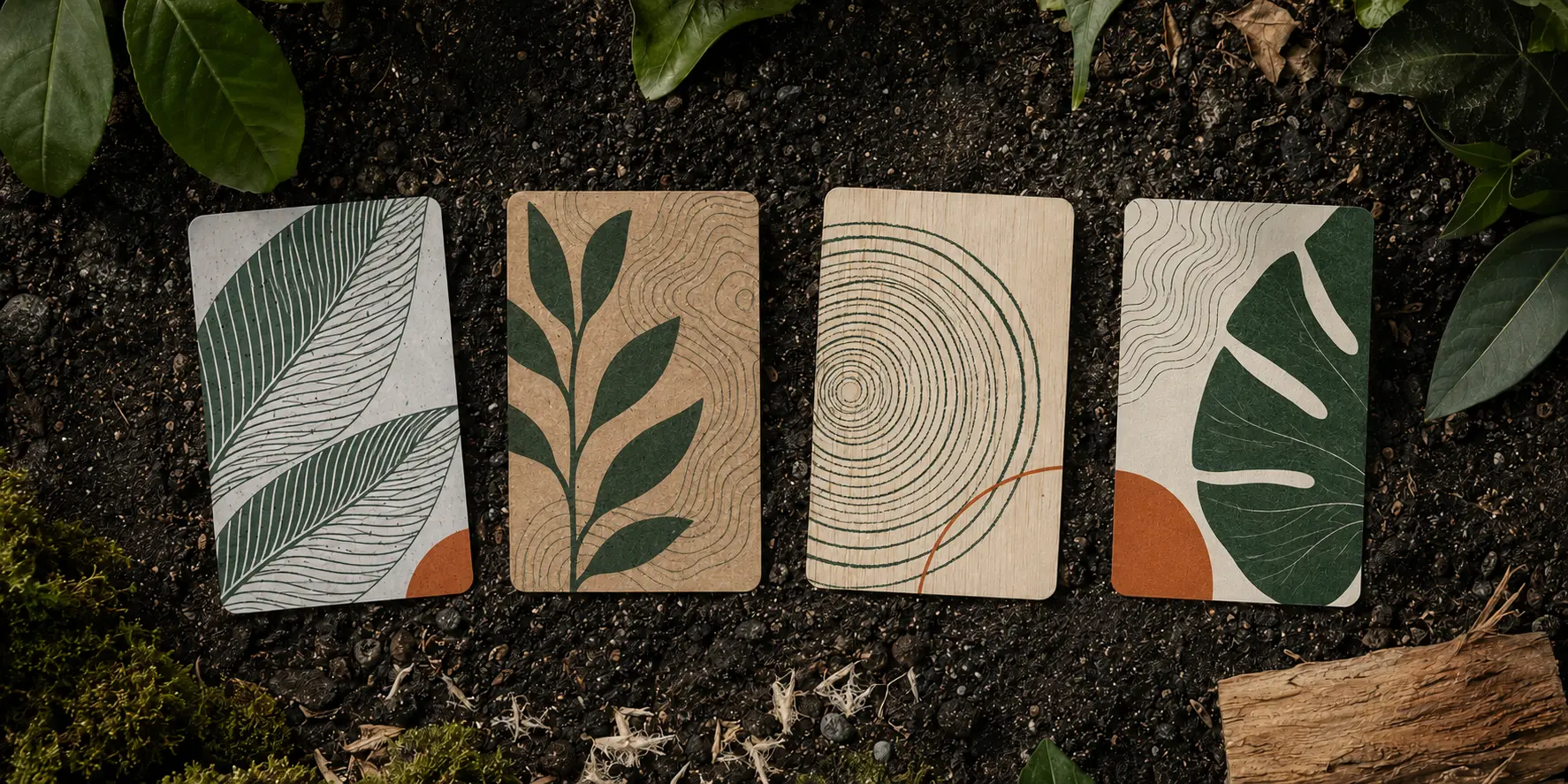 Professionally designed recycled PVC, natural board, wood and fibre card materials
